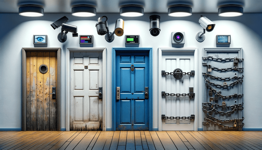 a corridor full of different doors with various security systems and locks