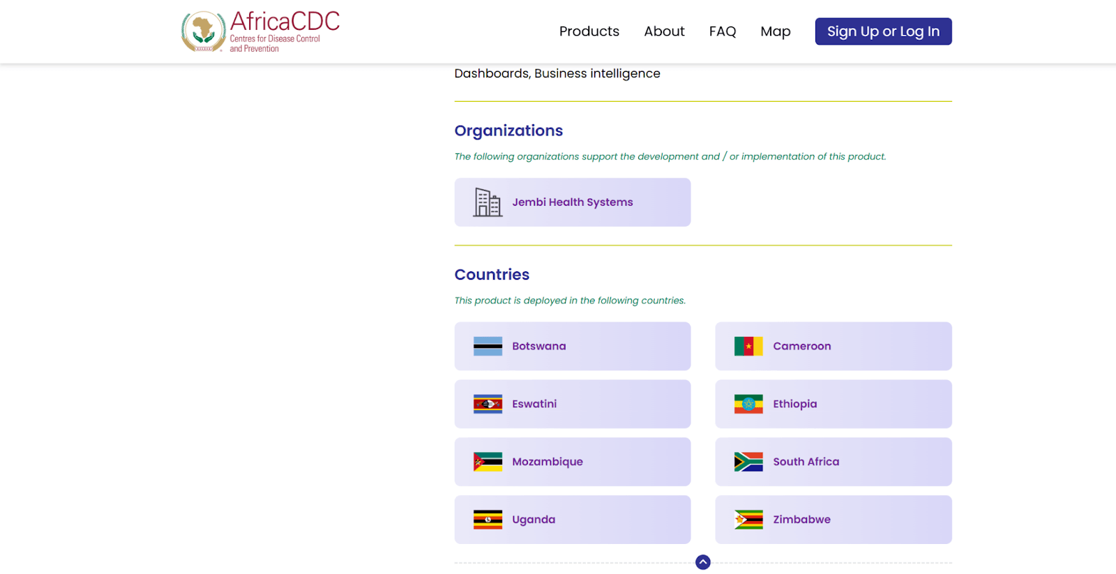 Africa HealthTech Marketplace product page organizations and countries