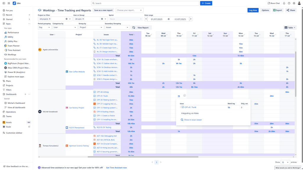 worklogs for jira time report table